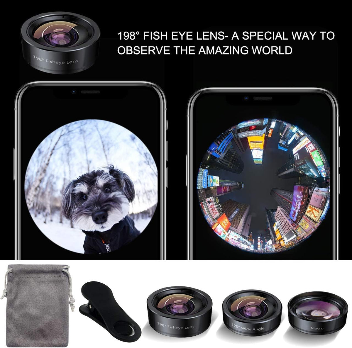 KEYWING Phone Camera Lens 3 in 1 Phone Lens Kit, 198 Fisheye Lens + 120 Super Wide-Angle Lens + 20x Macro Lens for iPhone Samsung Android Smartphone Black 3in1