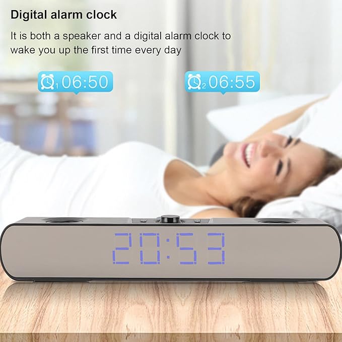 Yunseity Computer Speaker Cordless HiFi Stereo with Subwoofer USB AUX Clock Alarm Radio for Laptop PC Gaming Display Suitable for Family or Friends (Black)