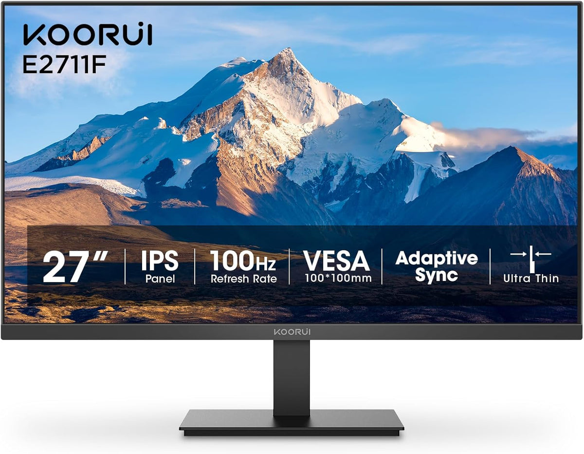 KOORUI 27 Inch Monitor, Full HD 1080P 100Hz Computer Monitor, IPS Display, HDMI, VGA, 4ms Response Time, 100 x 100 mm VESA Mountable, Frameless, Ergonomic Tilt, Black