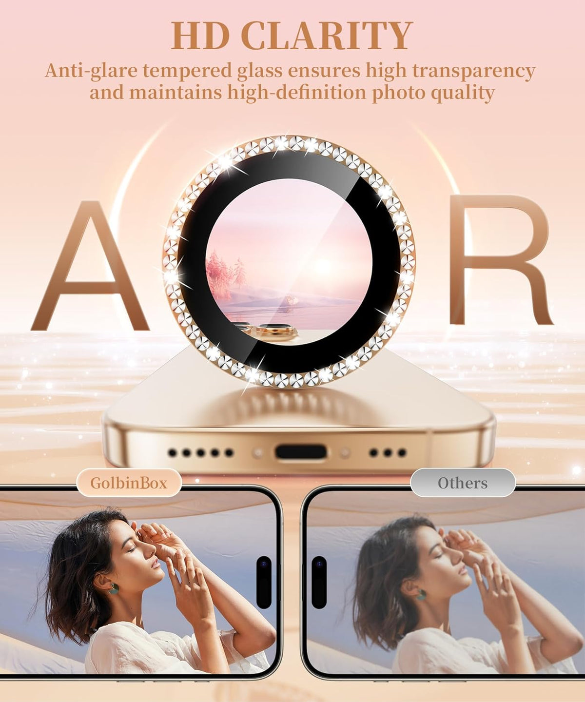 GolbinBox Camera Lens Protector for iPhone 16 Pro Max/16 Pro, 1:1 Invisible Fit, 9H Tempered Glass Ultra HD Metal Individual Camera Cover Screen Protectors for Women, Case Friendly, Bling/Desert Gold