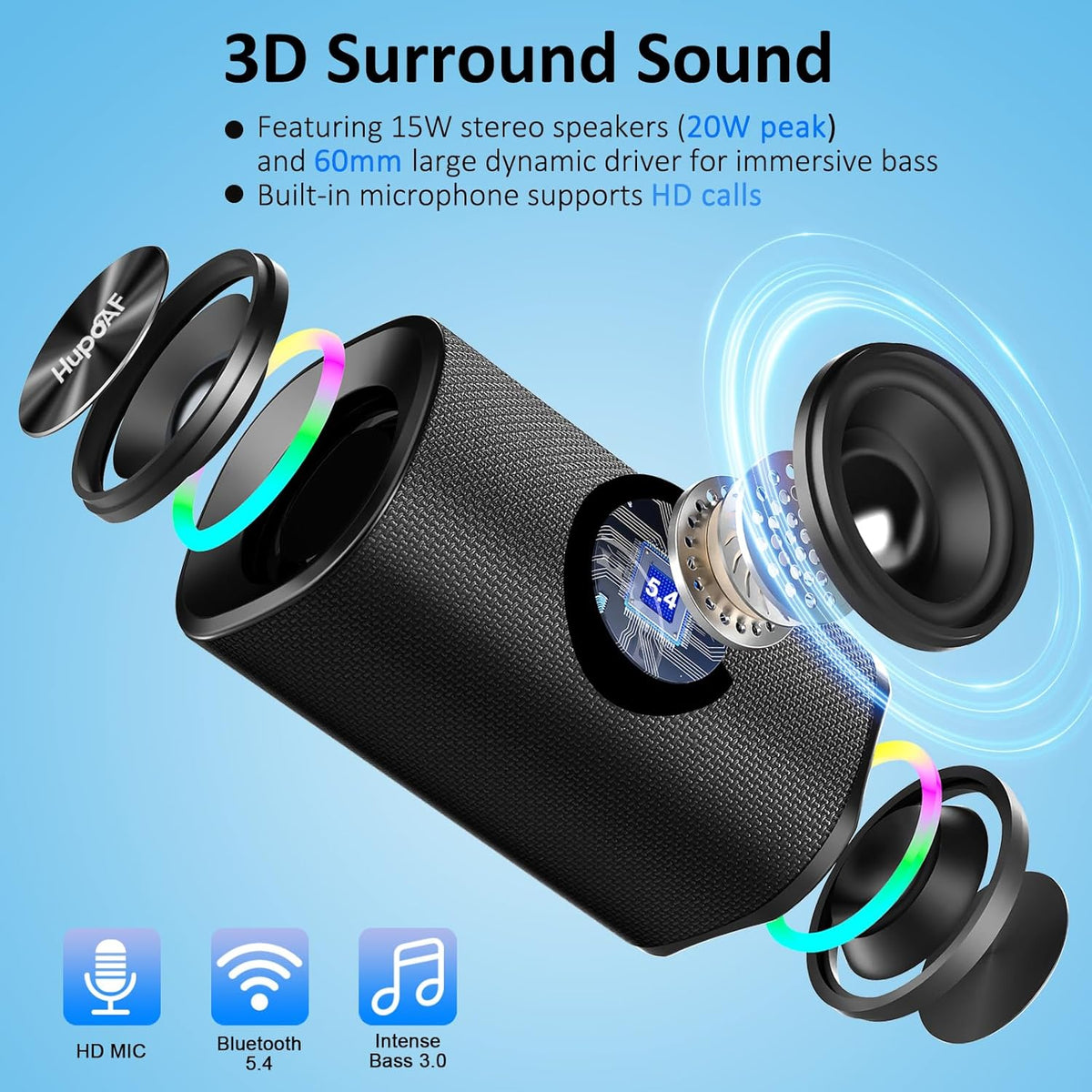 Hupoaf 2026 BT5.4 20W 3D-Stereo IP-X7 Bluetooth Speaker, Wireless Bluetooth Speaker with Deep Bass, HD Call, Colorful
