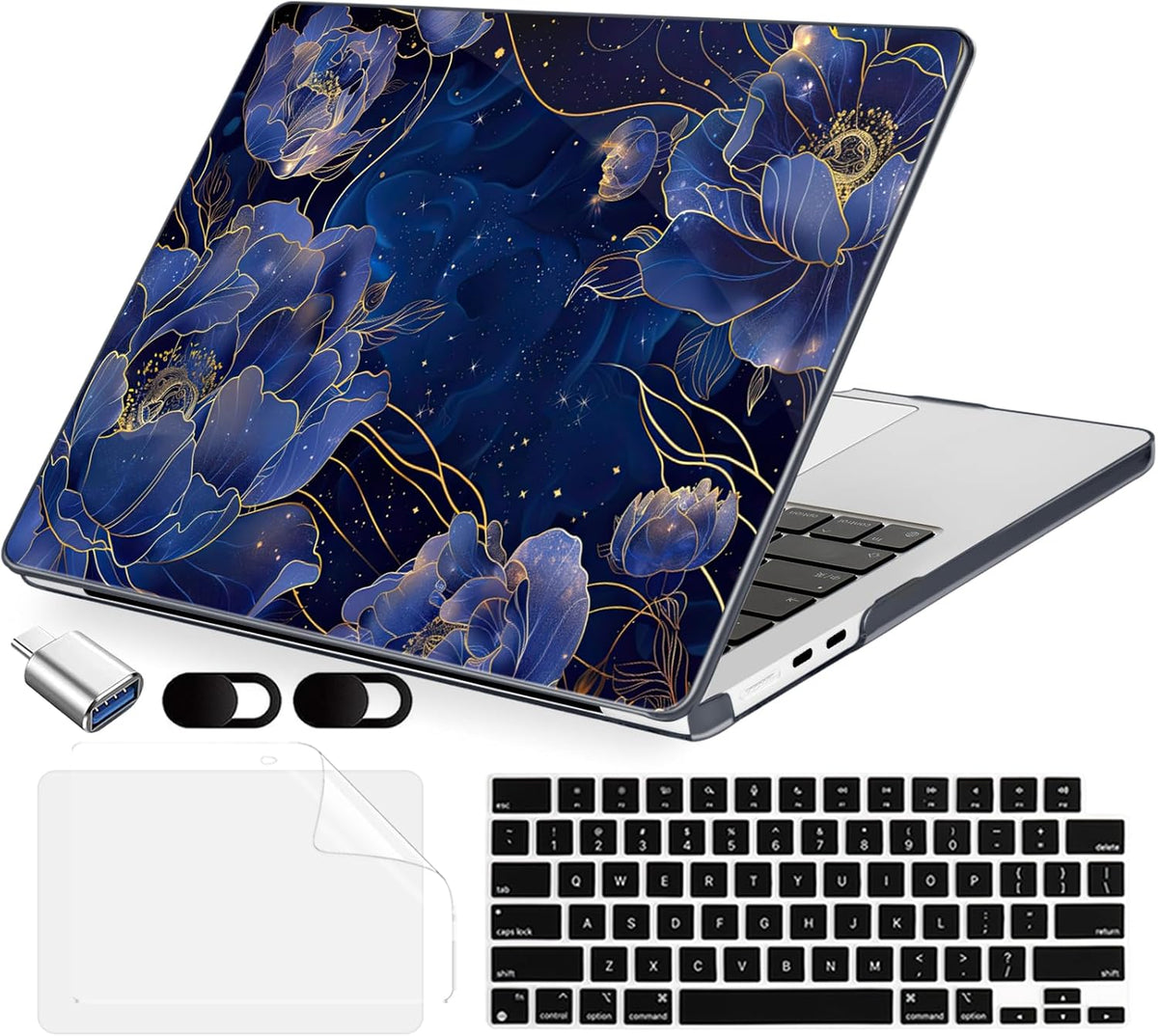 Compatible with MacBook Air 15 inch Case, M4 A3241/M3 A3114/M2 A2941 (Released 2025 to 2023), Hard Shell, Keyboard Cover, Screen Protector, Webcam Cover & Type-C Adapter, Starry Flower