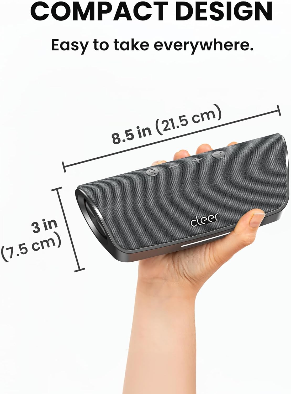Cleer Scene Wireless Bluetooth Speaker, Stereo Wireless Pairing, Waterproof IPX7, 12Hrs Play time, Deep Bass, Built-in Mic, Powerful Portable Speakers, for Outdoor & Party, Home, Grey