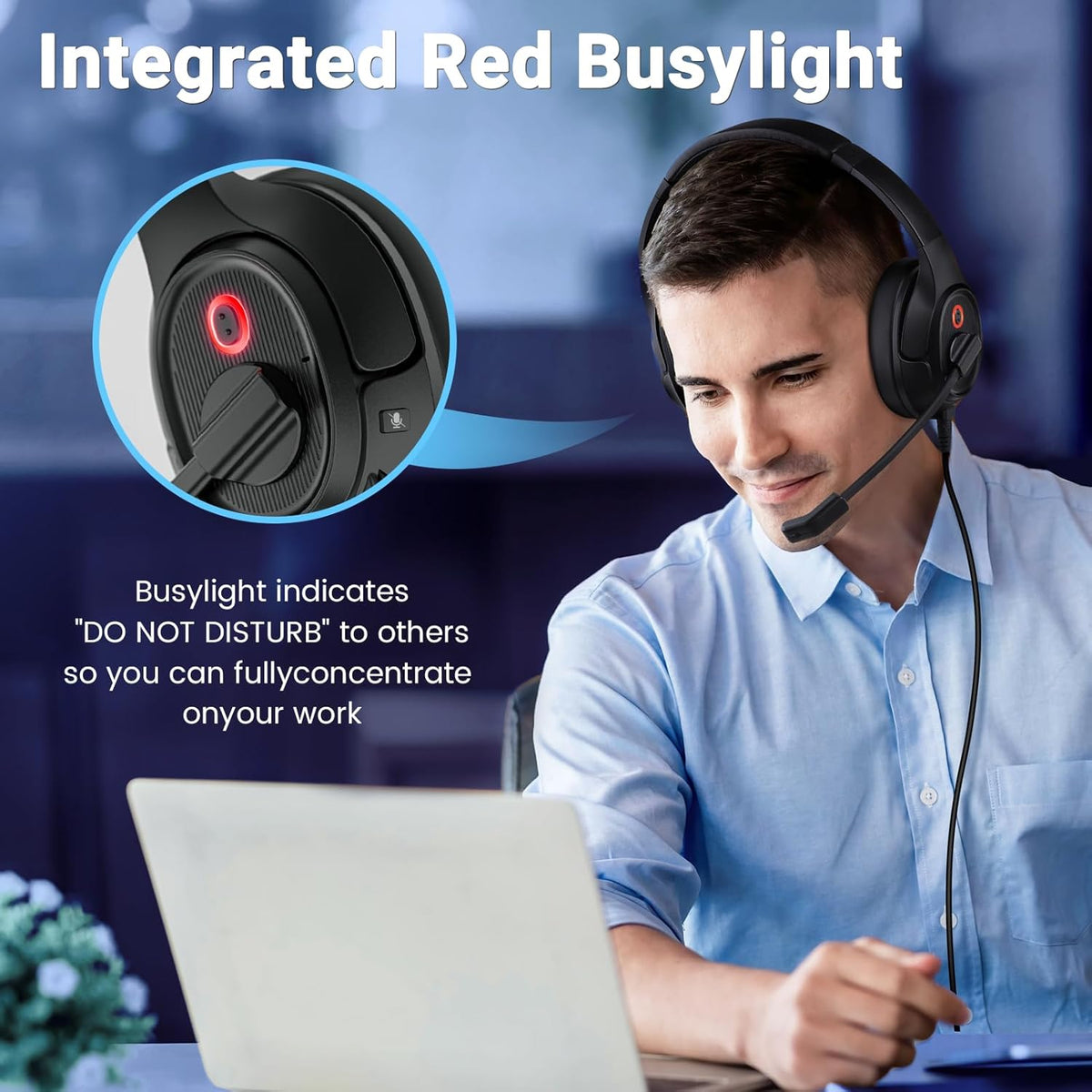 Headset with Microphone for PC, USB Computer Headsets AI-Powered Environmental Noise Cancelling Headphone with Busylight, Mic Mute Boom & Volume Control, Wired Over-Ear Headset for Laptop/Work/Office