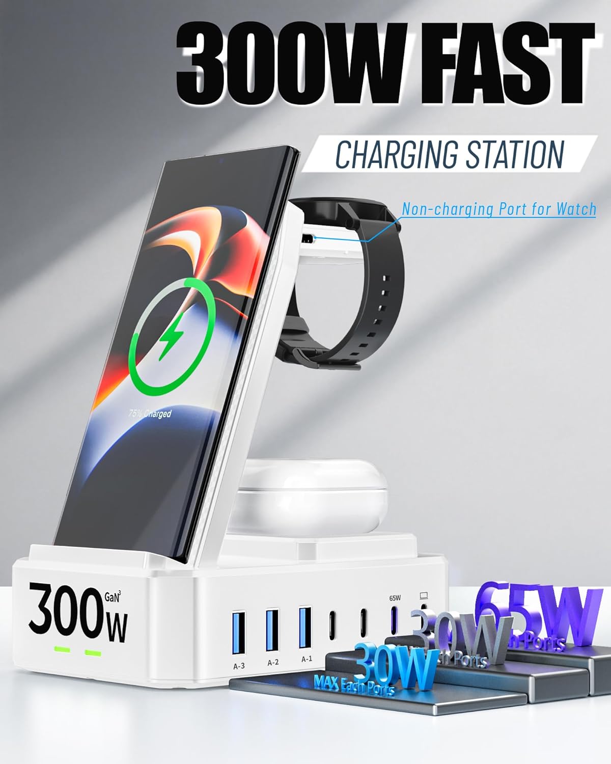300W Wireless Charger for Samsung,Zutspzss 10 in 1 Wireless Charging Station, 65W USB C Fast Charging Stand for Samsung S25 Ultra/S24/S23/S22/Z Fold,Galaxy Watch Ultra7/6/5,Galaxy Buds,White
