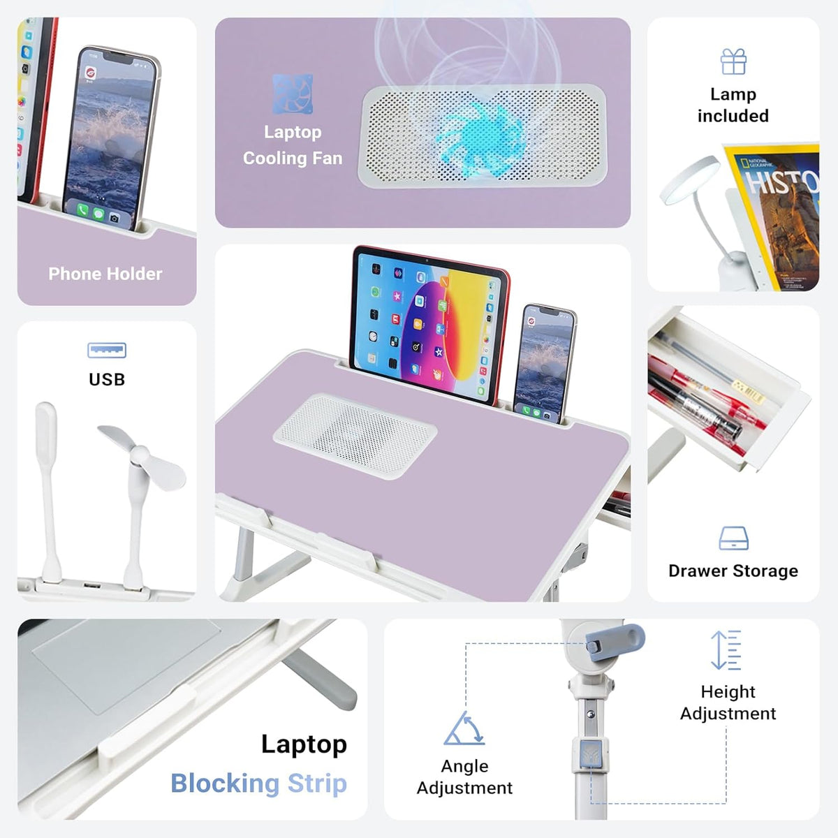 Laptop Lap Desk Include Cooling Fan,Adjustable Lap Desk with Light Fan,Folding Laptop Desk for Bed with USB,Bed Desk with Storage Drawer 56x32cm,Purple