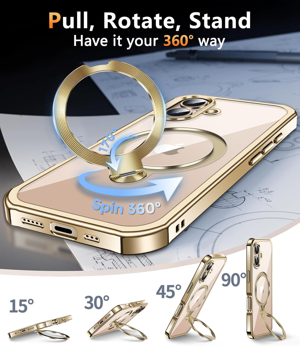 [360° Rotatable CD Stand & Built-in Privacy Screen Magnetic Case for iPhone 16 [Compatible with MagSafe & Full Signal] Mil-Grade Shockproof Full Body Anti-Spy Cover for 16-Gold