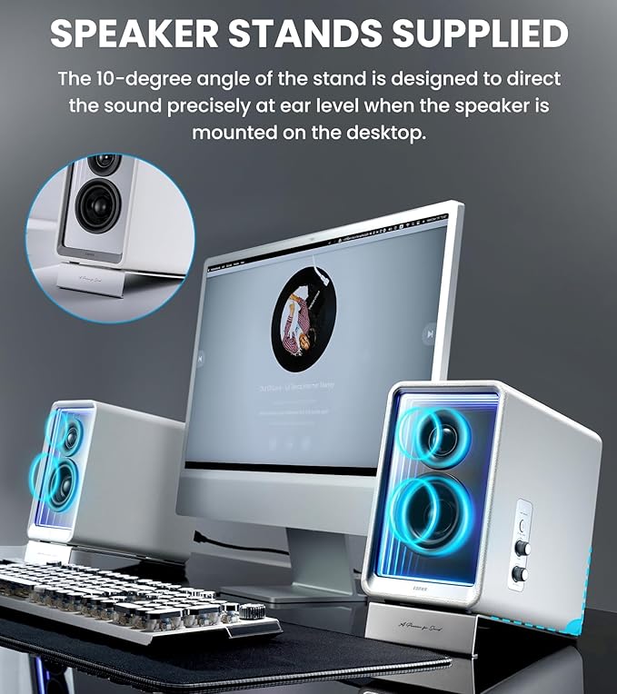 Edifier QR65 Desktop Active Monitor with 2.75 Long-Throw Aluminum Diaphragm mid-Low Drivers Hi-Res Audio Brilliant Light Effects 70W Output Power Bluetooth Speakers with Stands - White