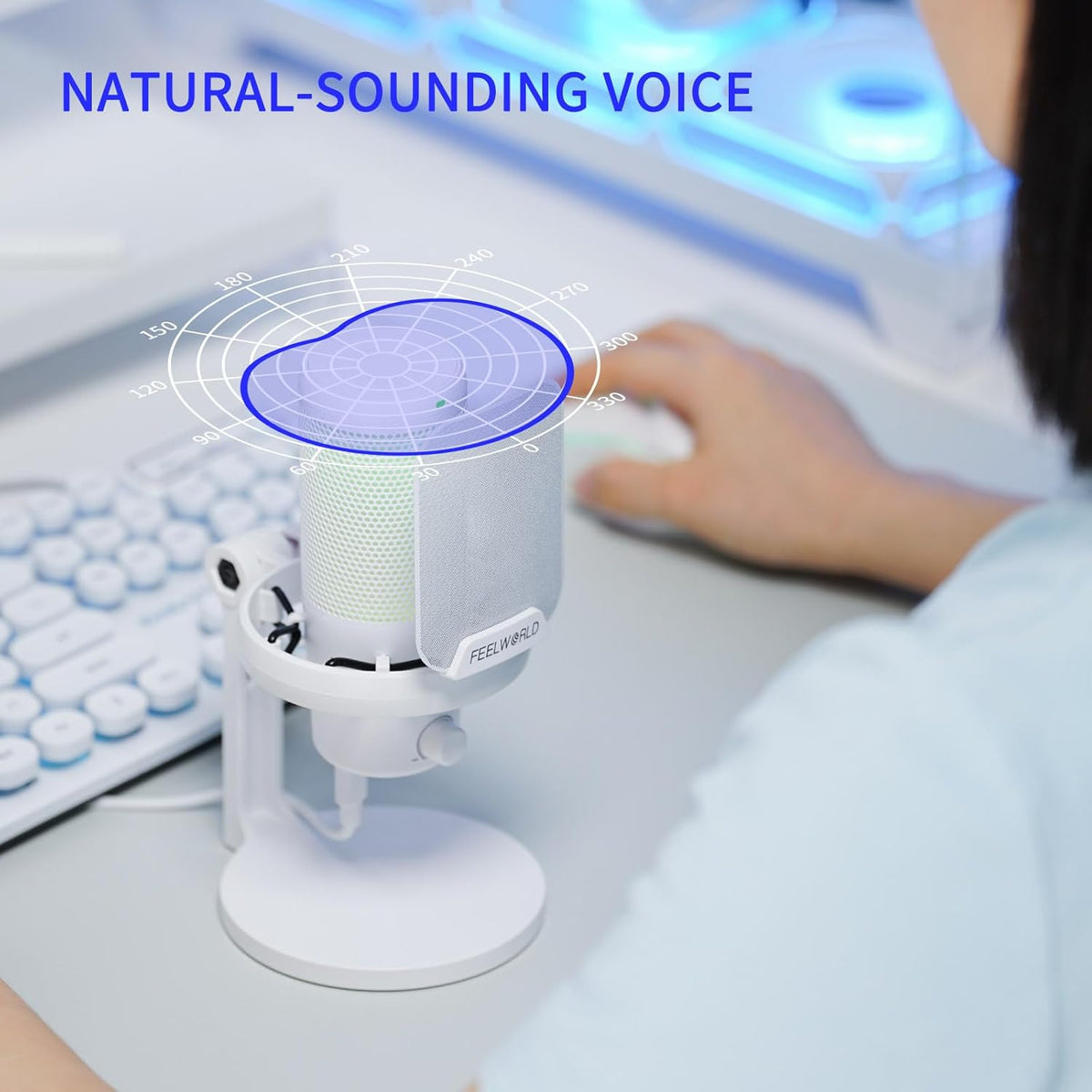 FEELWORLD VM1 White Gaming PC USB Microphone Condenser Mic with Noise Cancellation Mute RGB Light, Computer Accessories Gifts for Gamer YouTube Twitch Podcast Streaming Recording Online Chat PS4 PS5