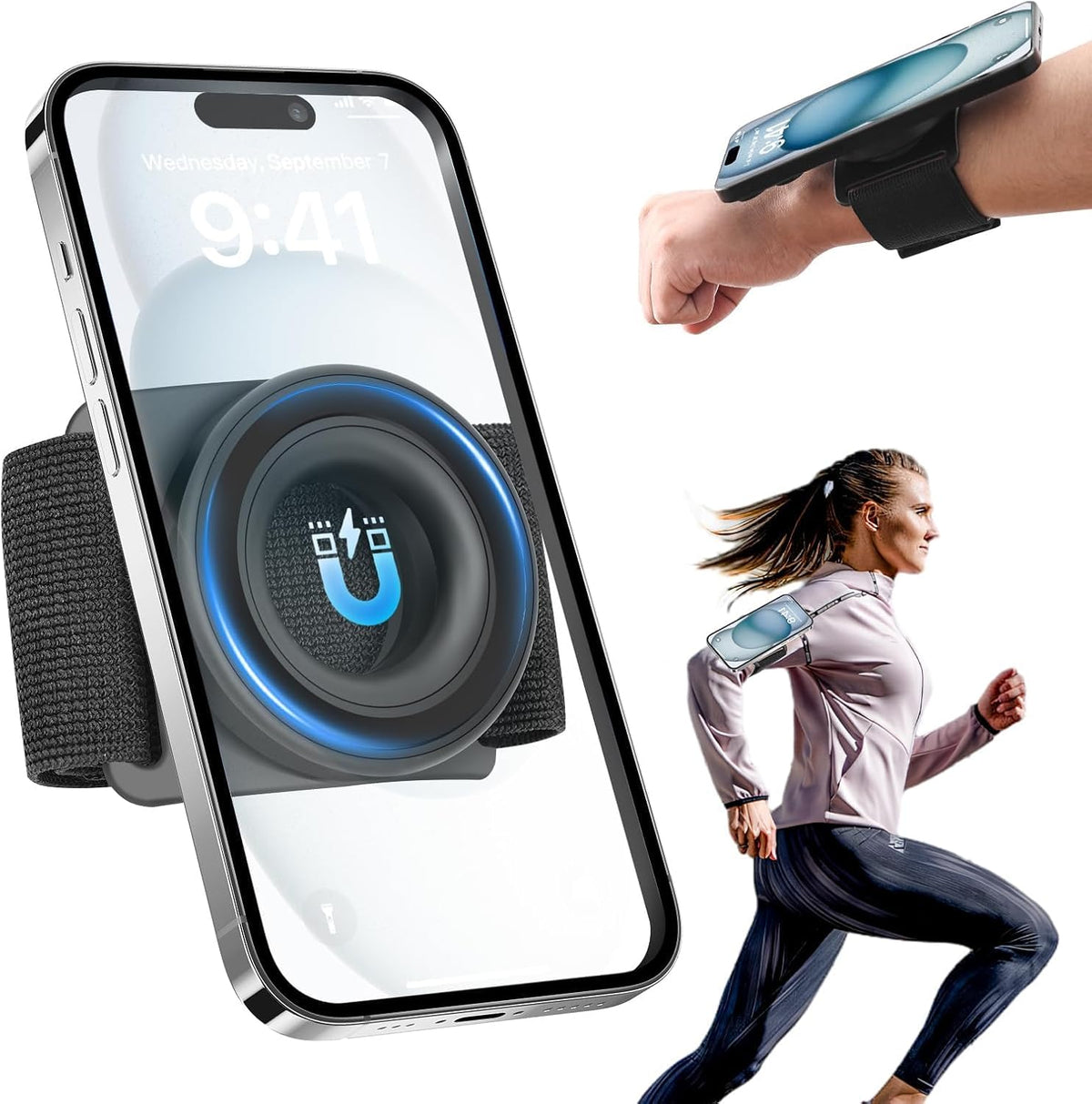 TOPGO Running Phone Holder for iPhone [360° Rotatable & Upgrade Anti-Drop] Magnetic Wrist Phone Holder, Magsafe Armband Compatible with iPhone 16 Pro and Android - Black
