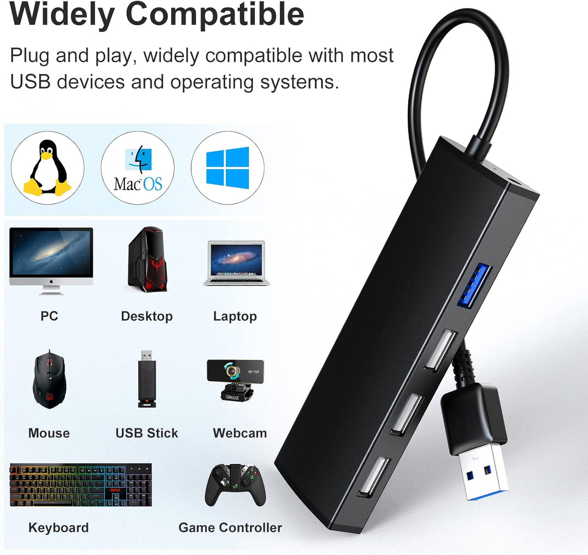 USB Hub,VEMONT 4-Port USB 3.0/2.0 HUB,Ultra Slim Portable High-Speed USB Splitter Applicable for PC Laptop, Desktop, Notebook, MacBook and More
