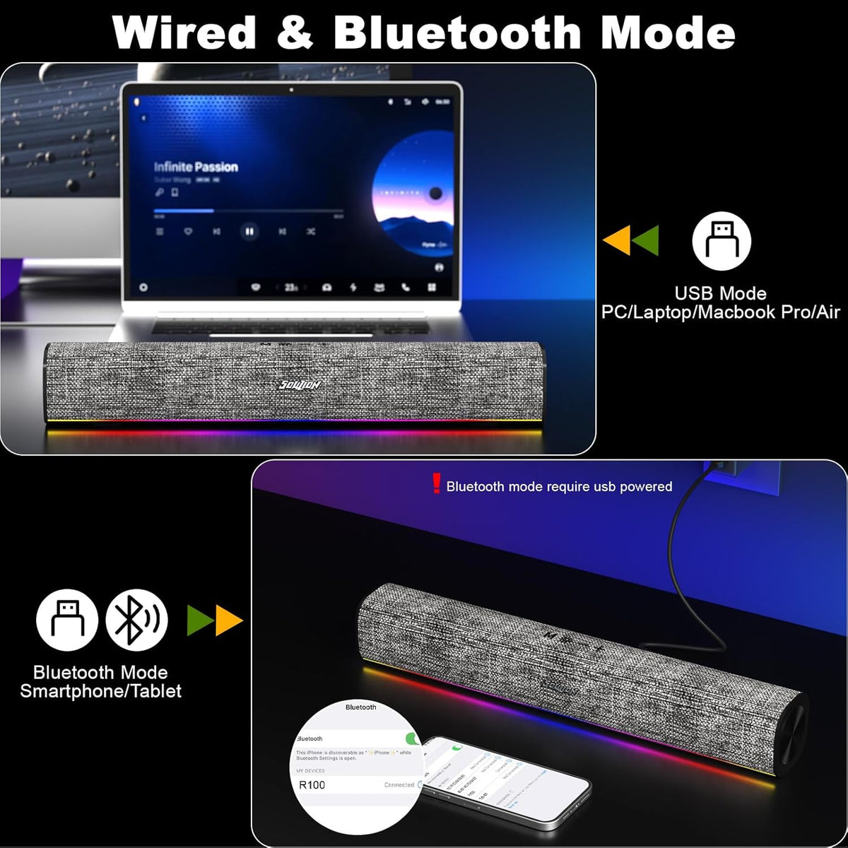SOULION R100 Bluetooth Computer Speakers with Dynamic LED Light, USB Plug & Play PC Speakers with Switch Button, Clearly Sound Soundbar for Desktop Laptop Monitor(USB-C to USB Adapter Included)