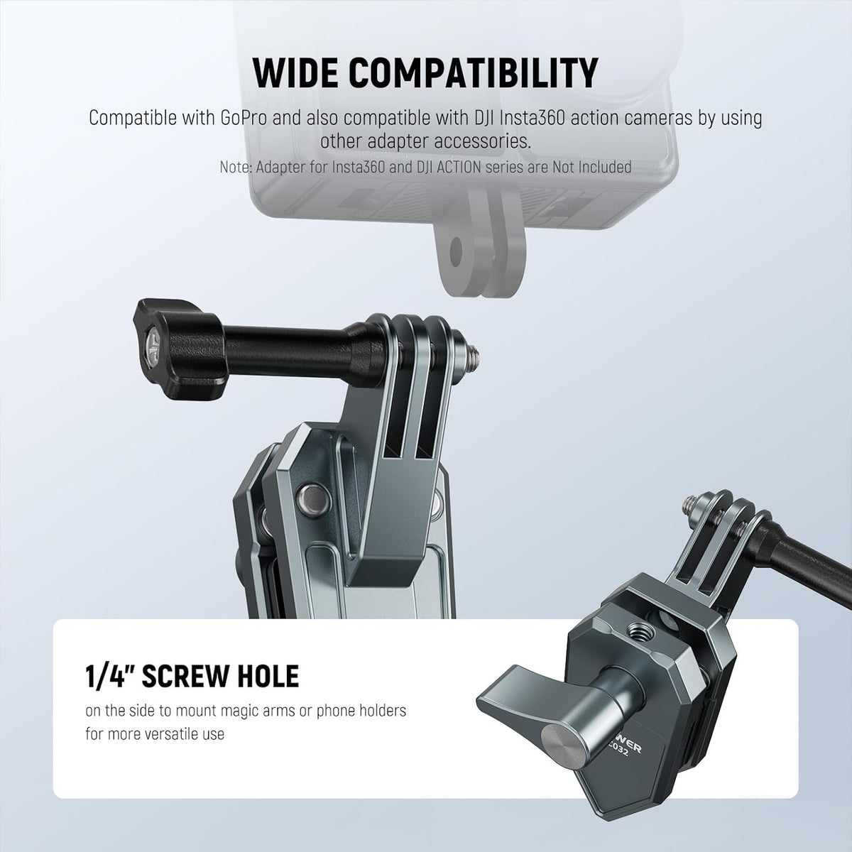 NEEWER Motorcycle Windshield Action Camera Clamp Mount, Aluminum Alloy Clip with 3 Prong Adapter & 1/4" Screw Hole Compatible with GoPro Hero 13 12 DJI Adapters for POV Video Recording, AC032
