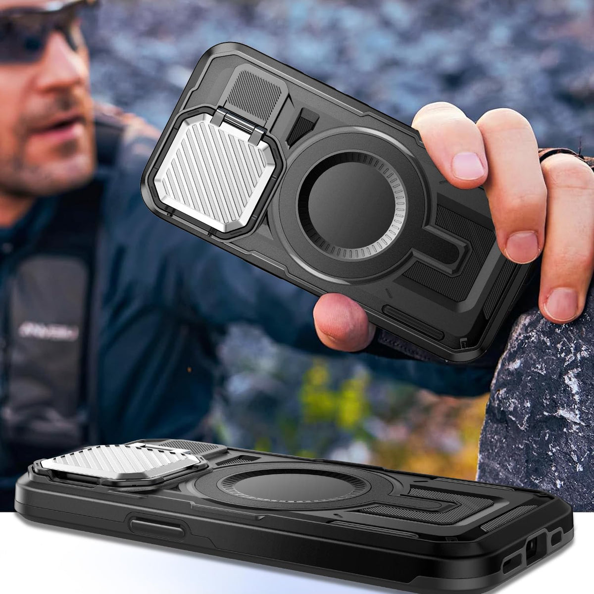 Camera Stand Case for iPhone 15, [Compatible with MagSafe] [Lens Cover] 2024 Version Military Grade Protective Soft Case for iPhone 15 6.1 inch Men Women, Black