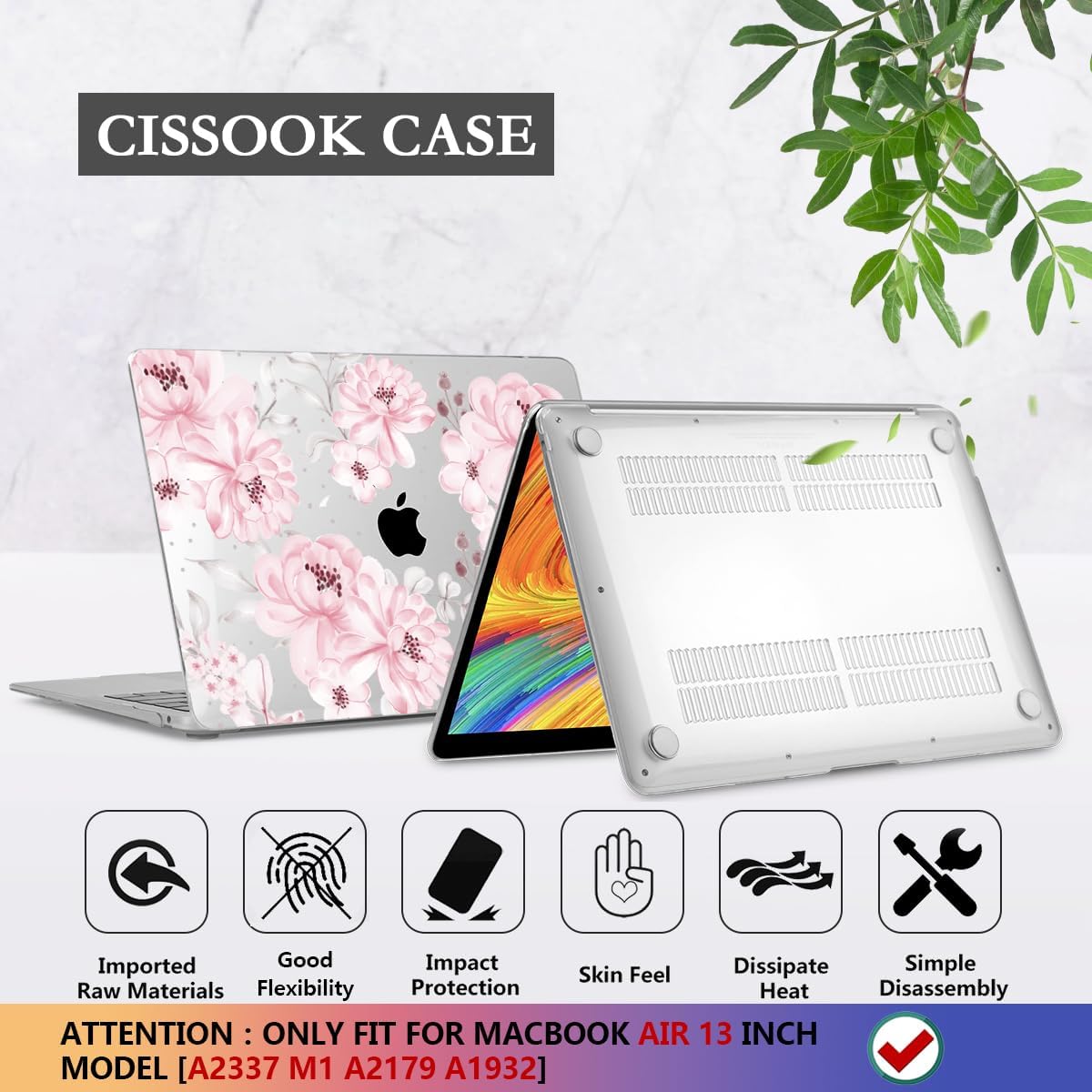 CISSOOK Compatible with MacBook Air 13 inch Case M1 Chip 2021 2020-2028 Release A2337 A2179 A1932 Model with Touch ID, Plastic Hard Shell Case & Keyboard Cover & Screen Protector, Cute Pink Flower