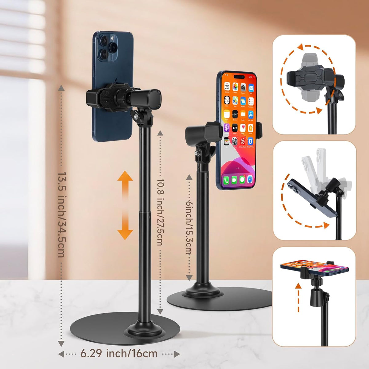 Adjustable Phone Stand for Desk with Clip Mount Live Streaming: 360° Rotatable Overhead Shot Holder with Sturdy Metal Base, Compatible with TikTok, YouTube, Zoom Video Recording (Black)
