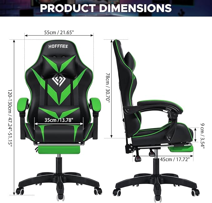 HOFFREE Massage Gaming Chair for Kids Computer Gamer Chair with Footrest and Lumbar Support Reclining PC Game Chair with Headrest for Gaming Room Green and Black