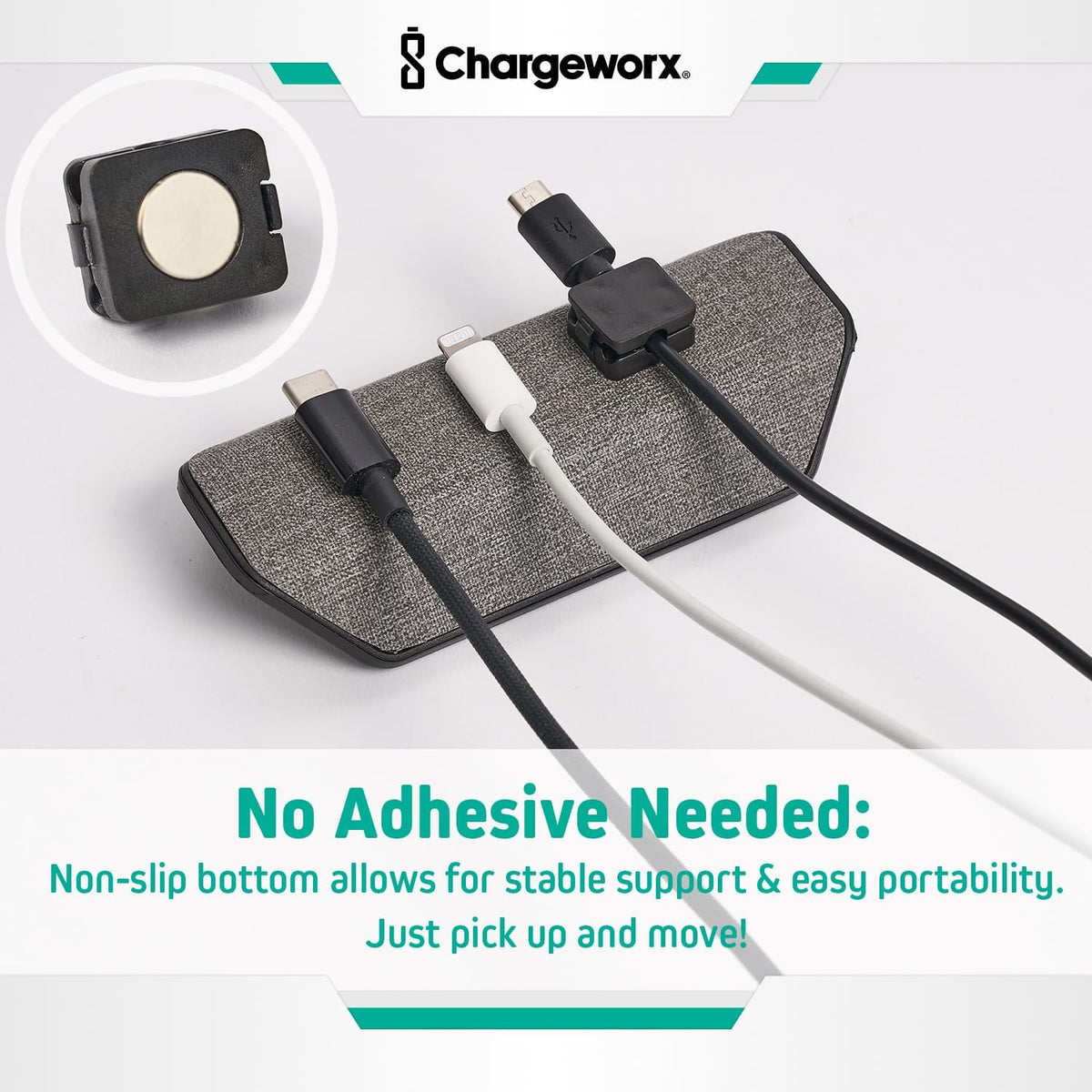 CHARGEWORX 3 Magnetic Cable Organizer Weighted Non-Adhesive Cord Holder with Magnetic Clips for USB-C, Lightning