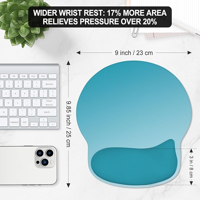ITNRSIIET Ergonomic Mouse Pad with Wider Memory Foam Wrist Rest +17%, Curved Cushion Reduces Pressure 20%, Pain Relief, Non-Slip, Smooth, Cute Color Desk Accessory, 9.85 x 9 inch, Ombre Blue Gradient