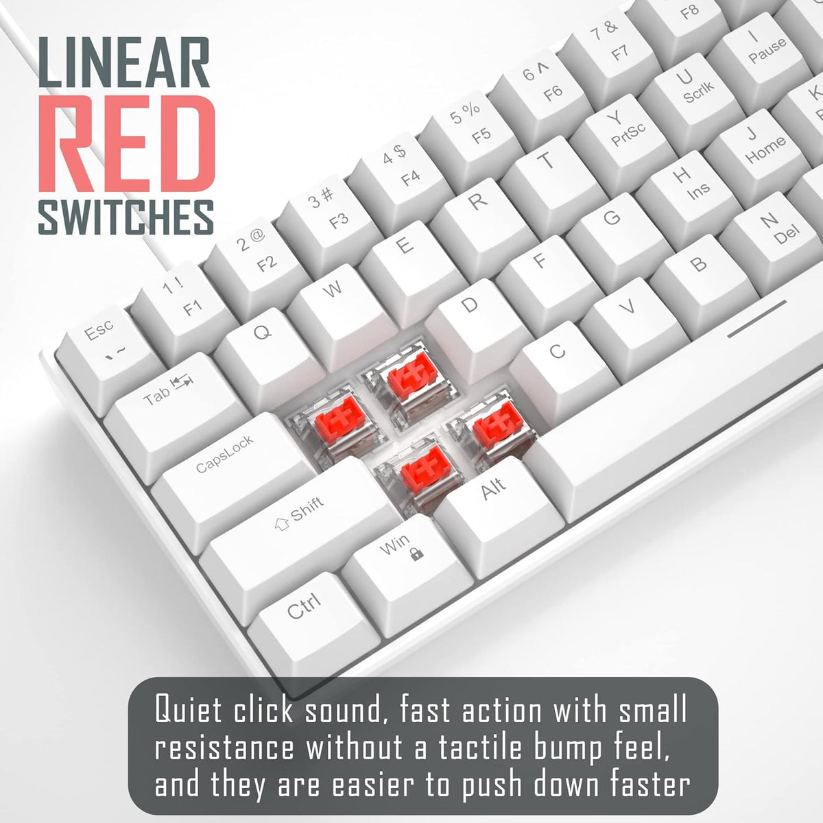 60% Mechanical Gaming Keyboard, White Gaming Keyboard with Red Switches, Detachable Type-C Cable Mini Keyboard with Blue LED Light for/PC/Laptop
