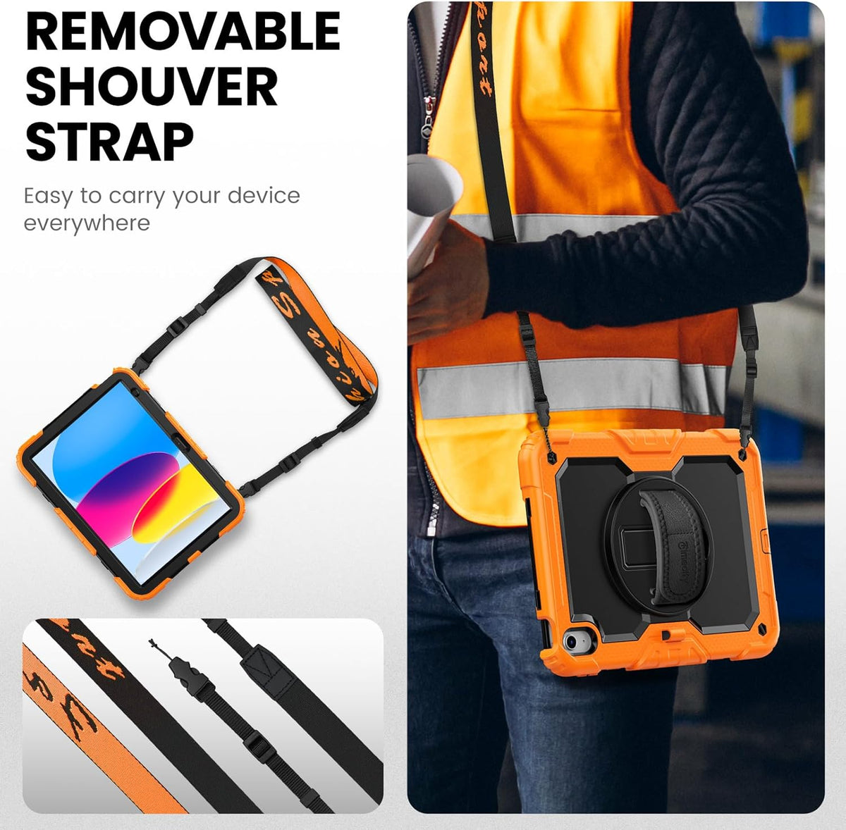 timecity for iPad (A16) 11th/ 10th Generation Case 11''/ 10.9 Inch (2025/2022) - Heavy Duty Protective Cover with Screen Protector, Stand, Shoulder Strap & Pencil Holder | Kids-Friendly - Orange