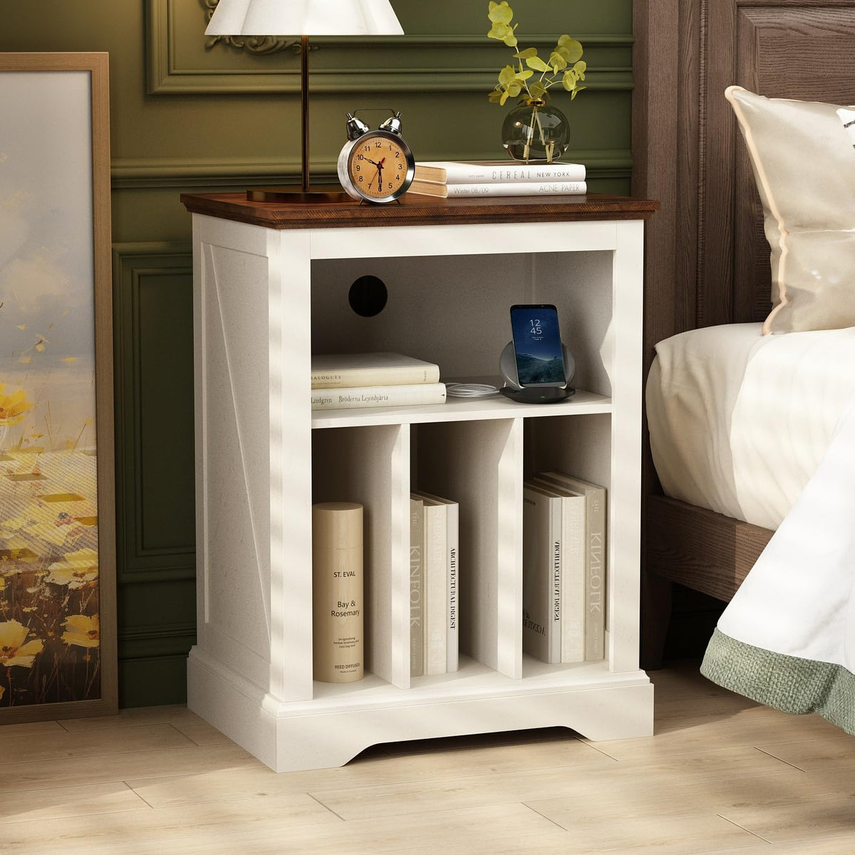 Farmhouse Record Player Stand, 3 Tier End Table, Turntable Stand with Vinyl Record Storage, Wood Record Holder Cabinet Dispaly Shelf for Living Room,Bedroom,Office,Antique White