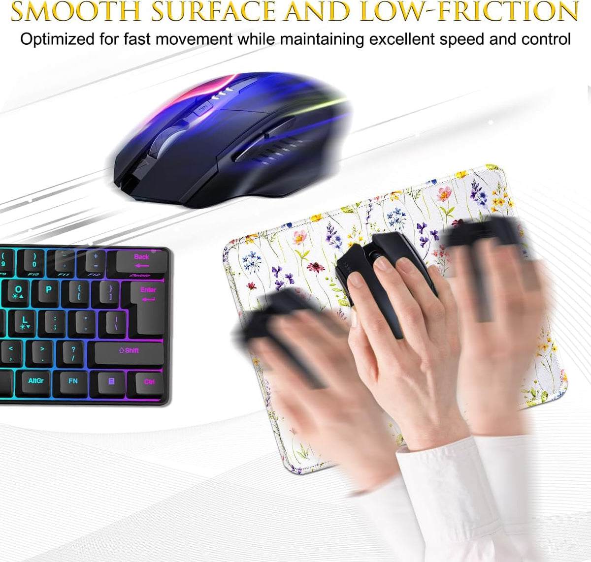 JIKIOU 3 Pack Mouse Pad with Stitched Edge, Comfortable Mouse Pads with Non-Slip Rubber Base, Washable Mousepads Bulk with Lycra Cloth, Mouse Pads for Computers Laptop Mouse 10.2x8.3in White Flowers