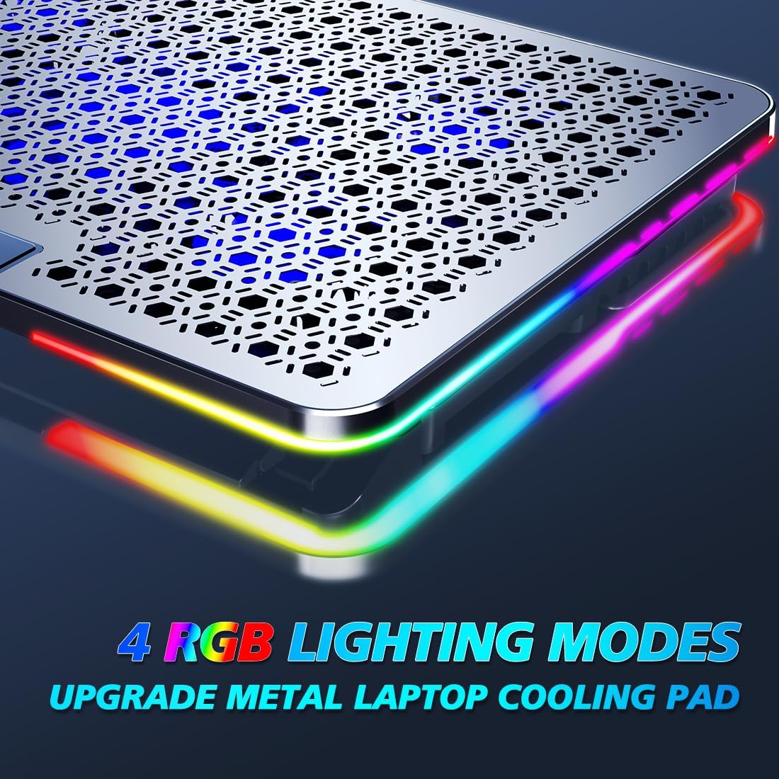 LIANGSTAR Laptop Cooling Pad, Laptop Cooler Gaming 5 Quiet Fans with Large Metal Plate for 12-17.3 Inch Fan Stable Stand, 4 Modes RGB Light, 7 Height & Adjust Speed, 2 USB Port & Phone Holder