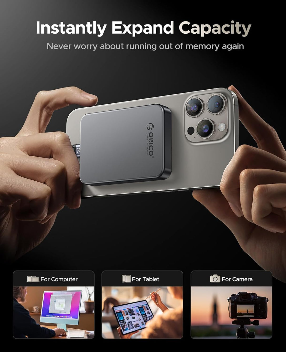 ORICO 512GB Magnetic Portable SSD, Aluminum Alloy, 4K 120 fps ProRes HDR Record and Store, Up to 2000MB/s, External Solid State Drive, Compatible with iPhone 16 Pro Max, Tablet, Computer - K20