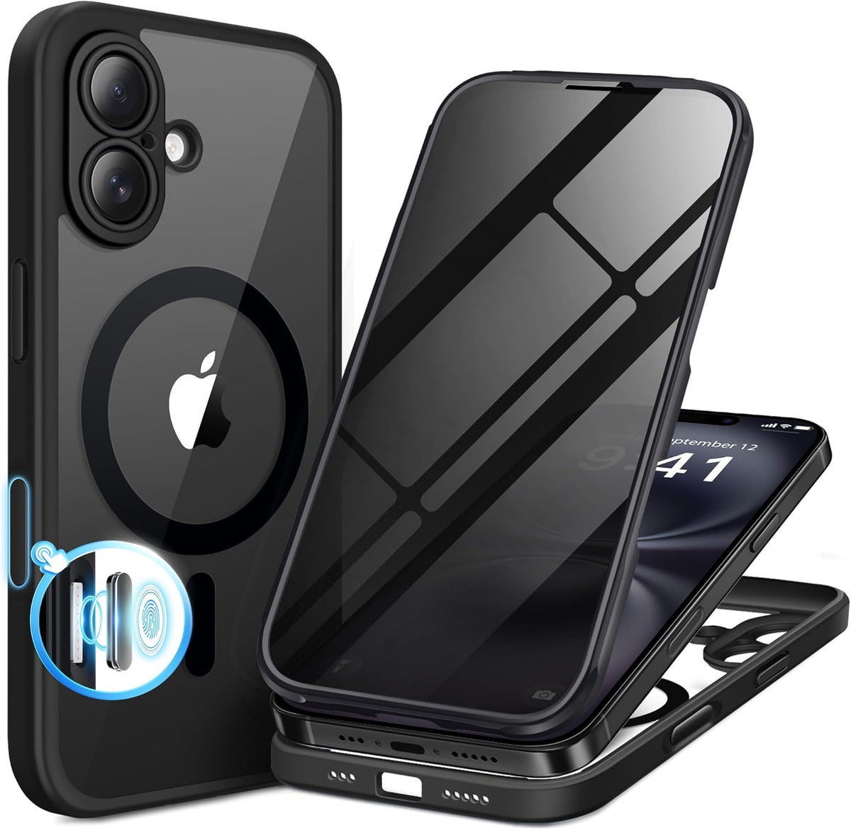 BERFY Magnetic for iPhone 16 Case, Compatible with MagSafe, Built-in Privacy Screen Protector and Upgraded Camera Protection, Anti-Spy Full Body Shockproof Phone Case for 16 6.1", Black