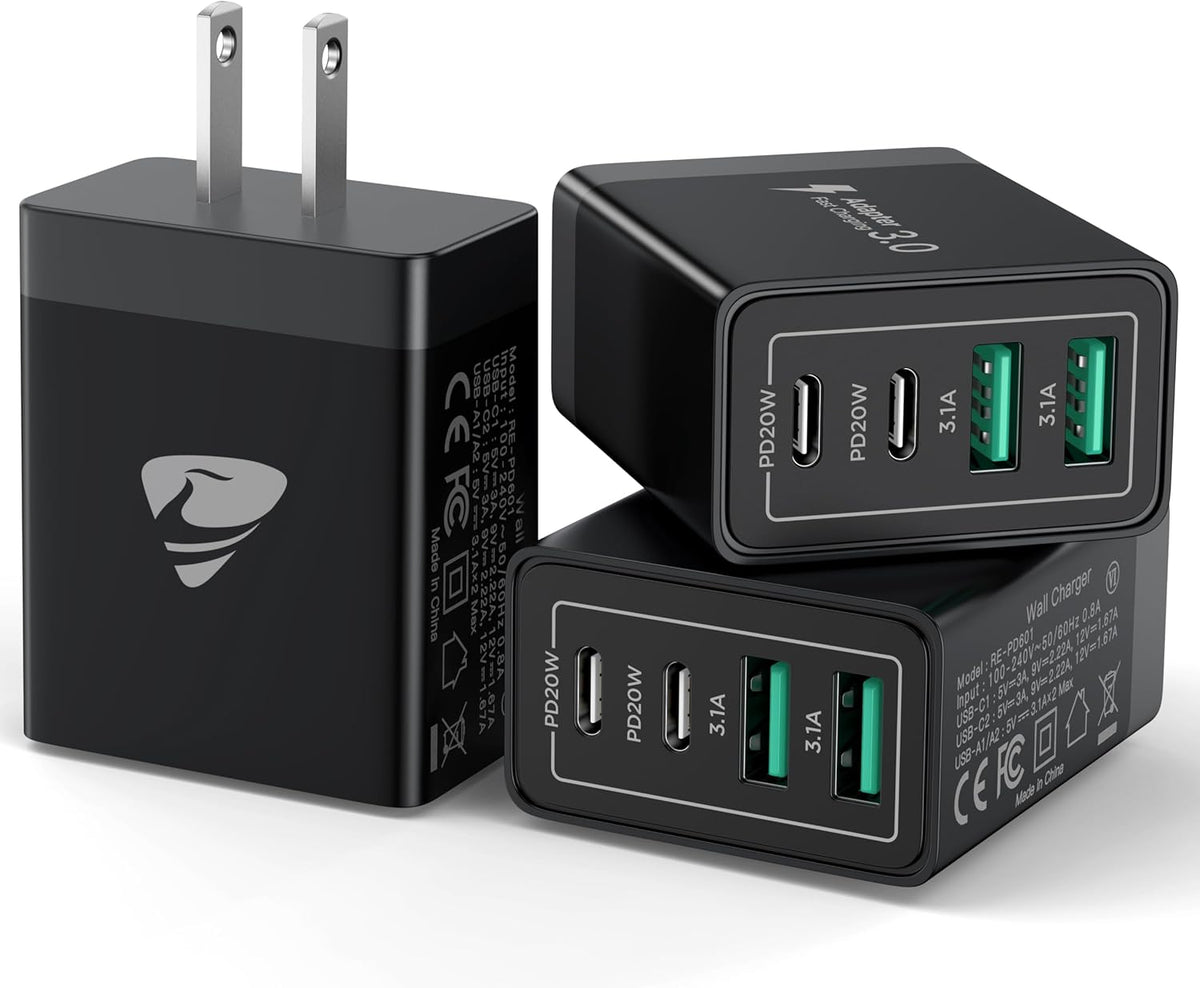 USB C Wall Charger Block 3-Pack, Aiminu 40W 4-Port PD Power Delivery Fast Type C Charging Block Plug Adapter for iPhone 15/14/13/12/11/Pro Max, XS/XR/X, iPad, Android Phones Charger Cube