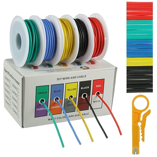 BOJACK 18 AWG Flexible Silicone Wire Electric Wire Hook up Wire Kit 300V Cables with Plus 20 φ3mm Heat Shrink Tubings and a Mini Wire Stripper(5 Colors 16.4Ft Each Color, 18AWG)
