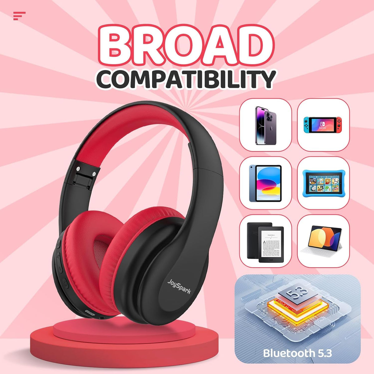 85/94dB 60 5.3, Headsets JoySpark Kids Bluetooth Headphones, Lightweight Wireless Headphones for Kids, Volume Limited