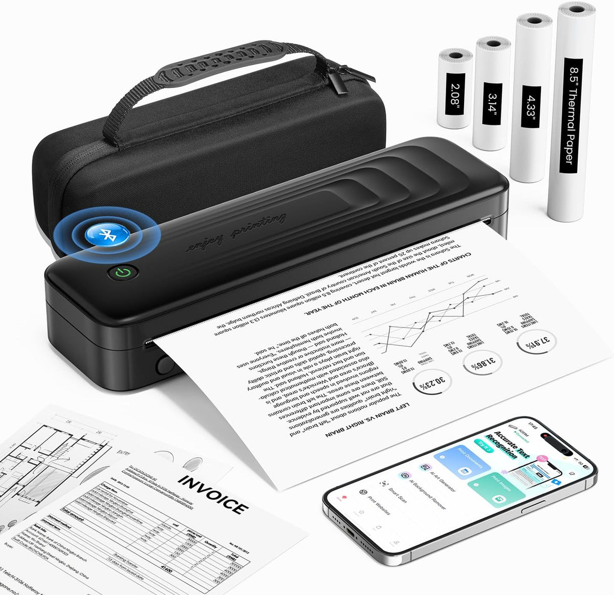 2025 Portable Printers Wireless for Travel, Inkless Thermal Printer Support 8.5" x 11"& A4, Mobile Printers with Carry Case, Bluetooth Portable Printer for Office,Travel,School,Car,Home,Black