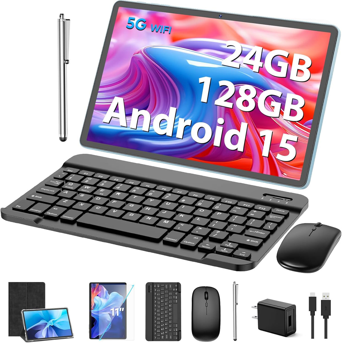 Android Tablet, 11 inch Android 15 Tablet with Keyboard, 24GB+128GB, 1TB Expand, 8000mAh, 5MP+13MP, 2.4G&5G WiFi, IPS Touch Screen, GMS Certified, 2 in 1 Tablets with Case, Mouse, Stylus(Black)