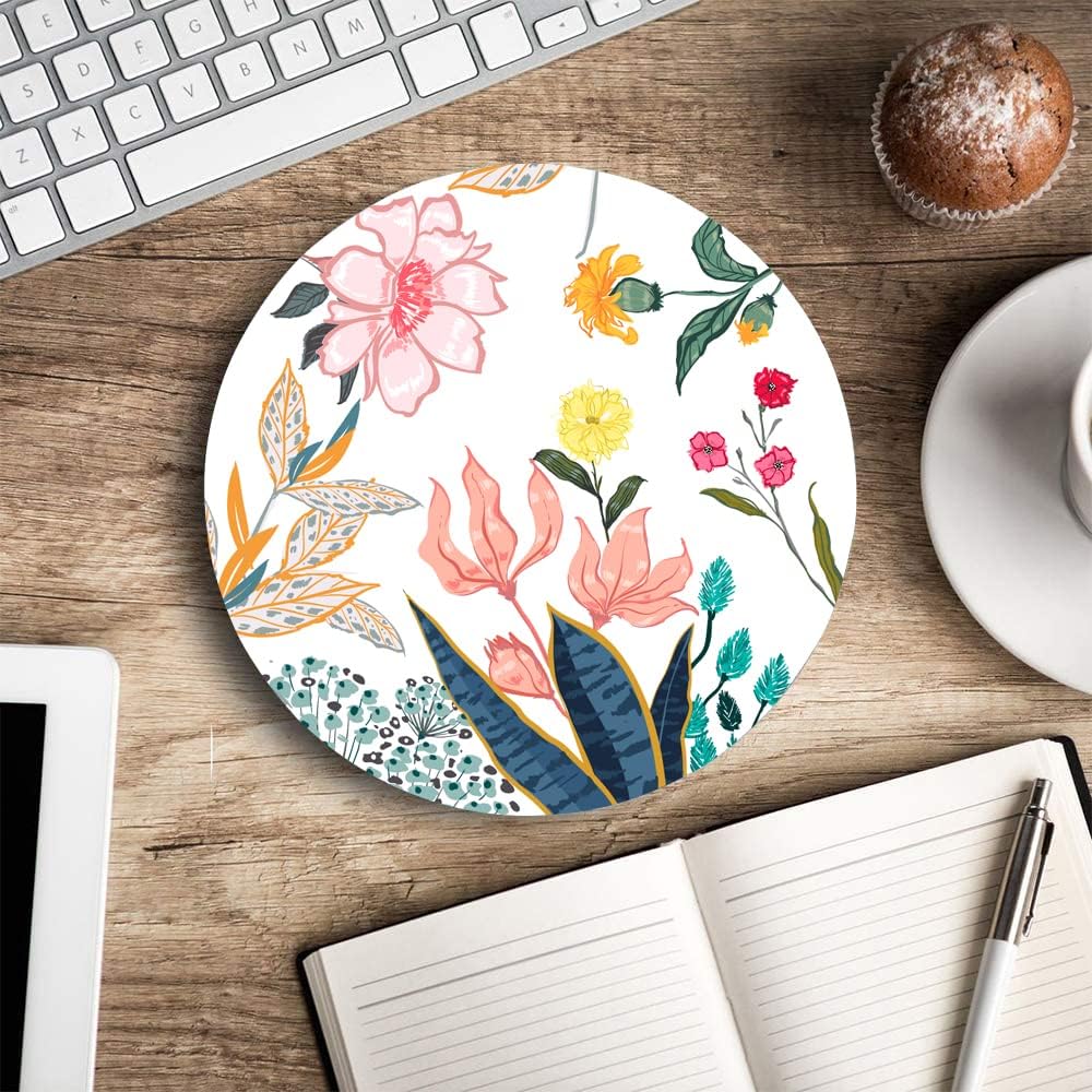 Mouse Pad, Floral Mouse Pad, Round Computer Mouse Mat with Design, Non-Slip Rubber Base Mousepad, Waterproof Office Mouse Pads for Women