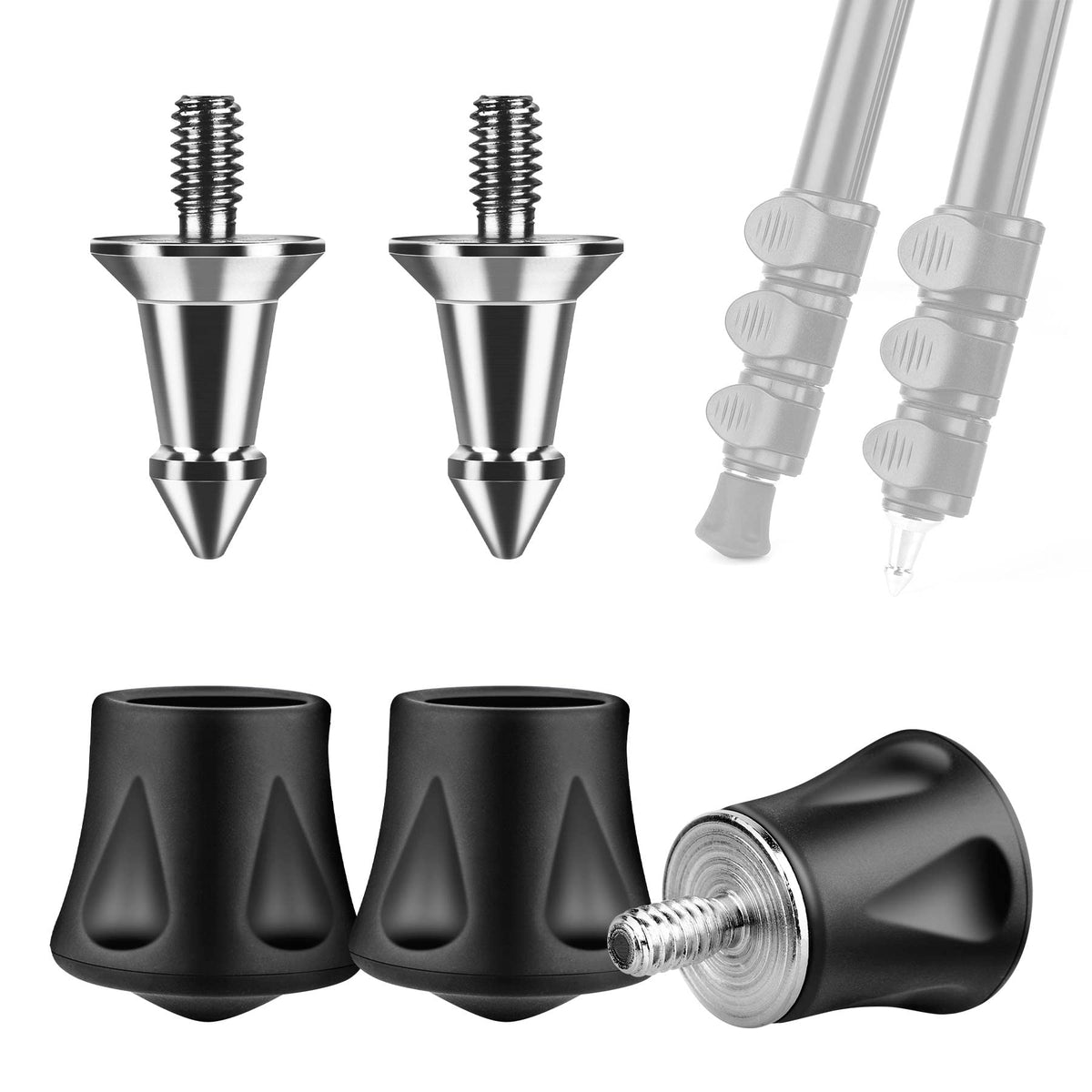 Nineigh 3 Pcs Tripod Feet Rubber Universal Anti-Slip 1/4" Rubber Foot & Stainless Steel Tripod Spike Feet for Universal Aluminum Tripod Leg