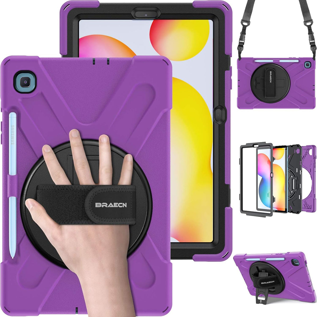 BRAECN for Galaxy Tab S6 Lite Case 10.4'' 2024,Rugged Protective Kids Case with Kickstand, Shoulder Strap, Hand Strap, S Pen Holder for Samsung Galaxy Tab S6 Lite 10.4“2024/2022/2020 -Purple