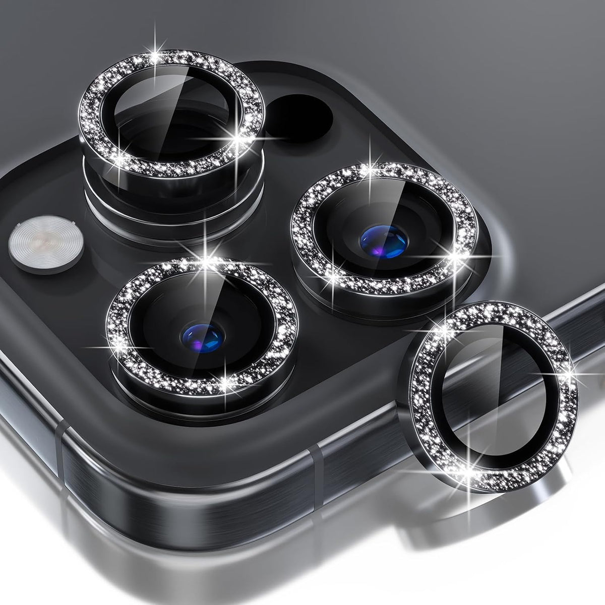 Choiche Compatible for iPhone 16 Pro/iPhone 16 Pro Max Camera Lens Protector Bling, 9H Tempered Glass Camera Cover Screen Protector Metal Ring Decoration Accessories (Glitter-Black)