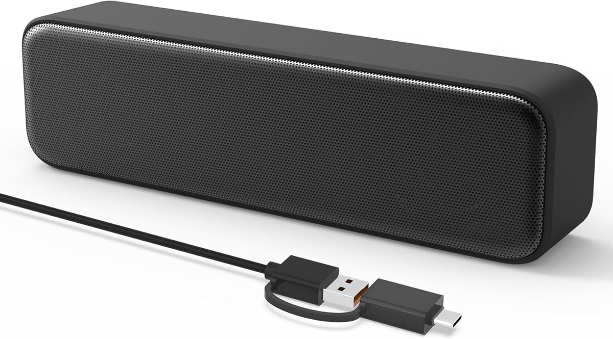 Computer Speakers for Desktop PC, External Speakers for Laptop, Mini Computer Soundbar for PC, Wired USB Plug in Speakers with Loud Sound, Deep Bass, Wide Compatibility – Bult-in USB C to USB Adapter