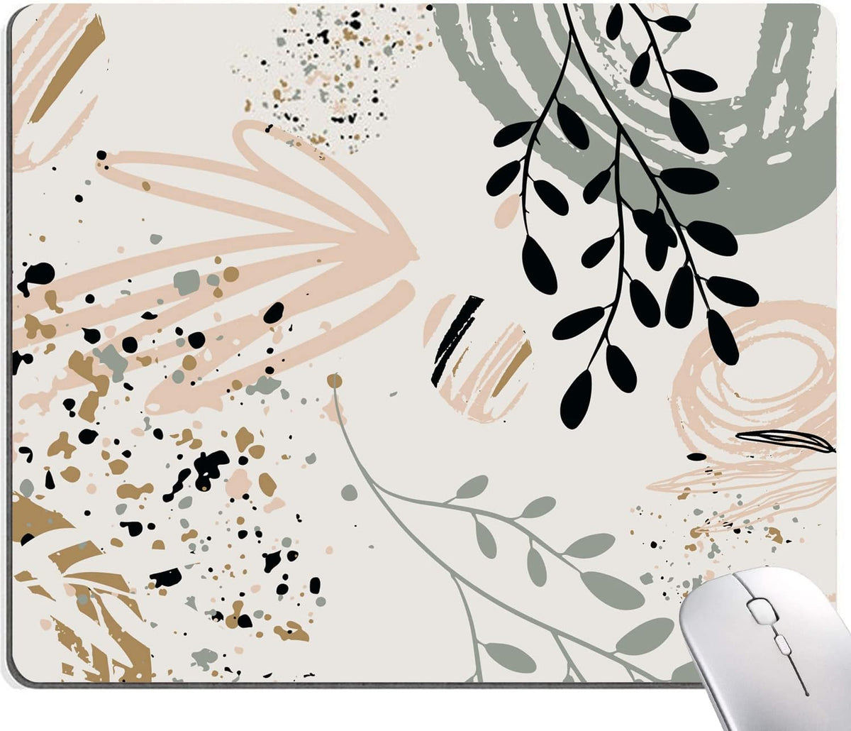 Mouse Pad with Abstract Art Design, Square Waterproof Non-Slip Rubber Base Mouse Mat for Office Laptop, Modern Boho Leaves