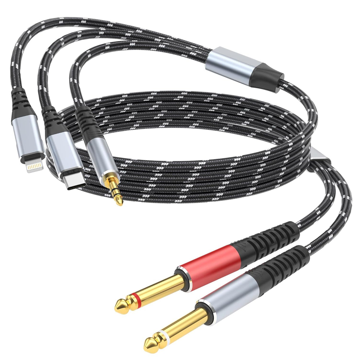6.35mm 1/4" Splitter,3 1 1/4-inch 3.3FT Lightning to Dual TS Mono Stereo Y-Cable in to Dual Audio Cable, Compatible