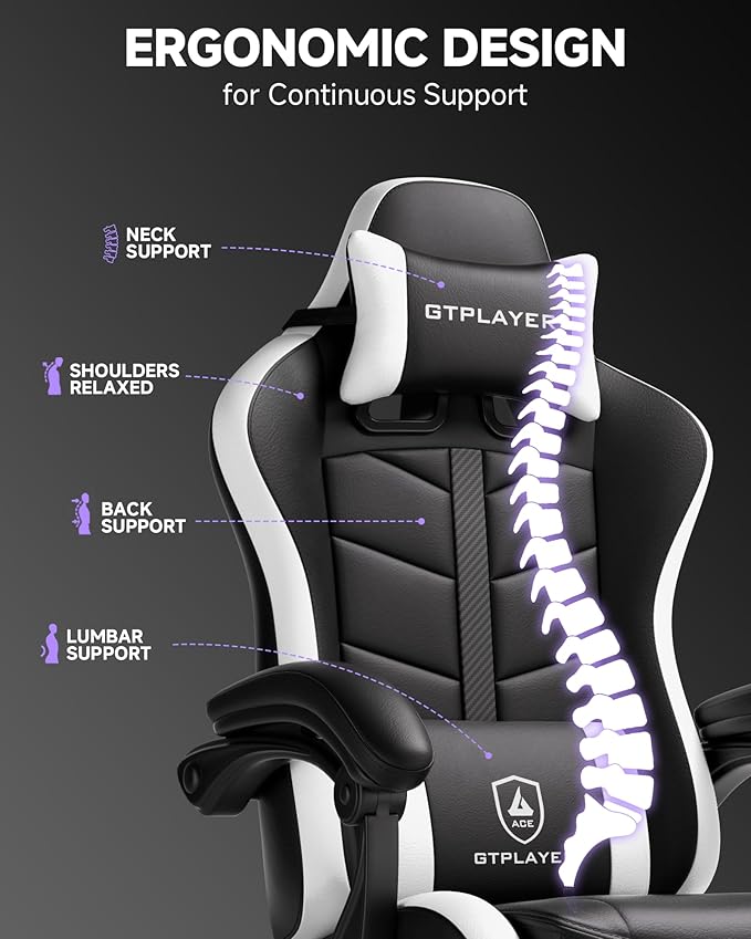 GTPLAYER Gaming Chair Ergonomic Game Computer Chairs with Foot Rest for Adults Adjustable PC Game Chair with Reclining Function and Comfortable Headrest for Home and Office Use (White)