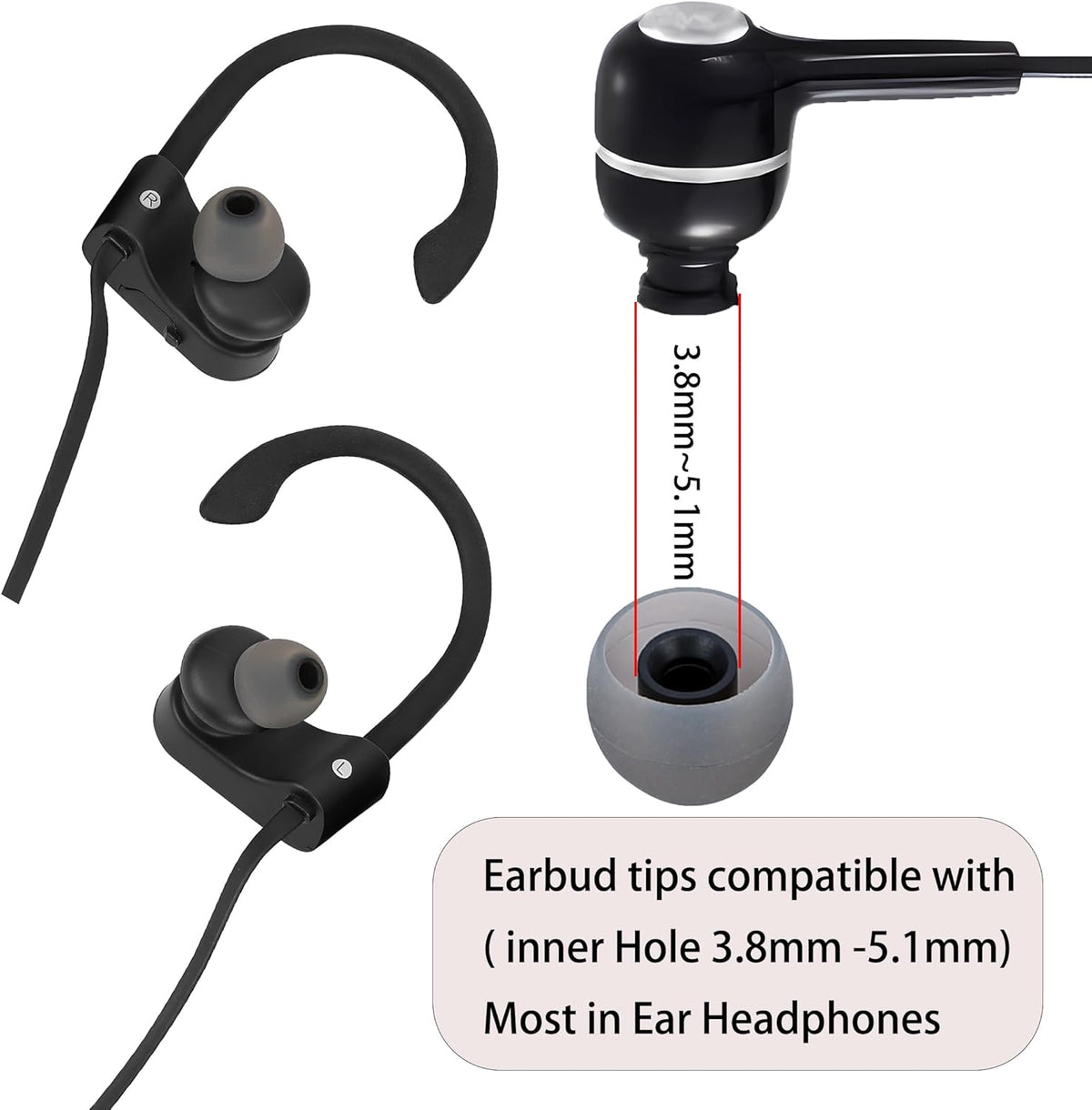 Silicone Replacement Earbud Tips - Fit Most In-Ear Earbuds (Inner Hole 3.8mm - 5.1mm) - 9 Pairs S M L
