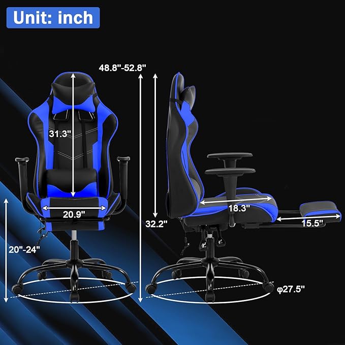 Massage Gaming Chair - Ergonomic PC Racing Office Chair with Lumbar Support Headrest Armrest Footrest - Black Heavy Duty PU Leather Recliner for Adults Gamer (Blue)