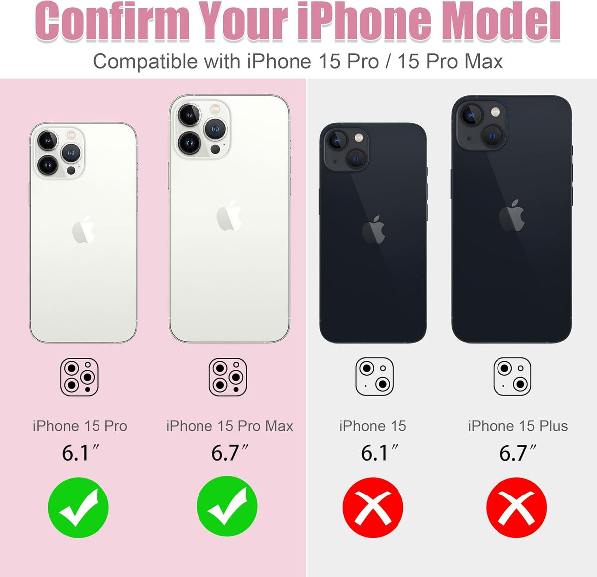 AGVEE 3+3 6 Pack for iPhone 15 Pro 6.1" / 15 Pro Max 6.7" Camera Lens Cover Protector, Bling Diamond & Bling Glitter Metal Ring 9H Tempered HD Glass Camera Cover Protector Film, Bling-Pink