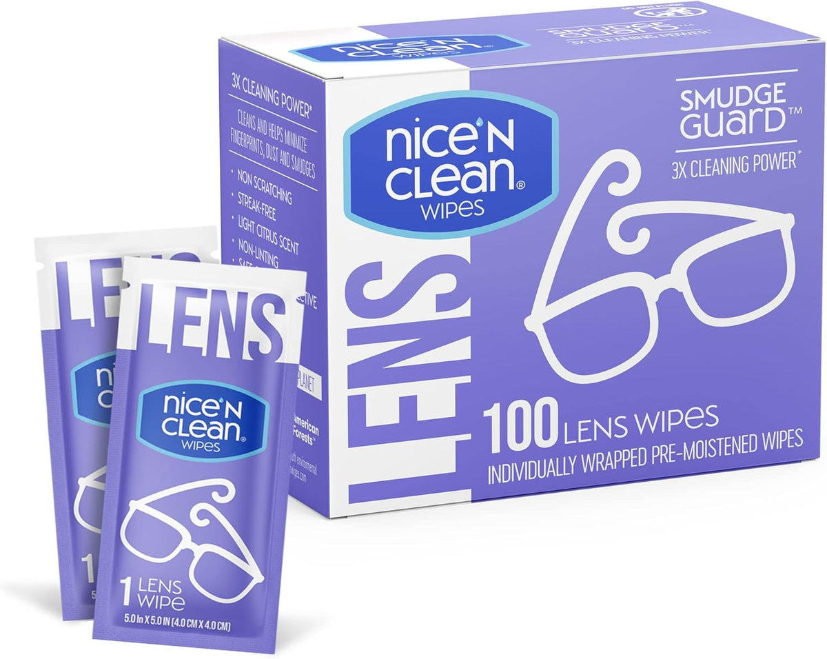 Nice 'n Clean SmudgeGuard Lens Cleaning Wipes (100 Total Wipes) | Pre-Moistened Individually Wrapped Wipes | Non-Scratching & Non-Streaking | Safe for Eyeglasses, Goggles, & Camera Lens