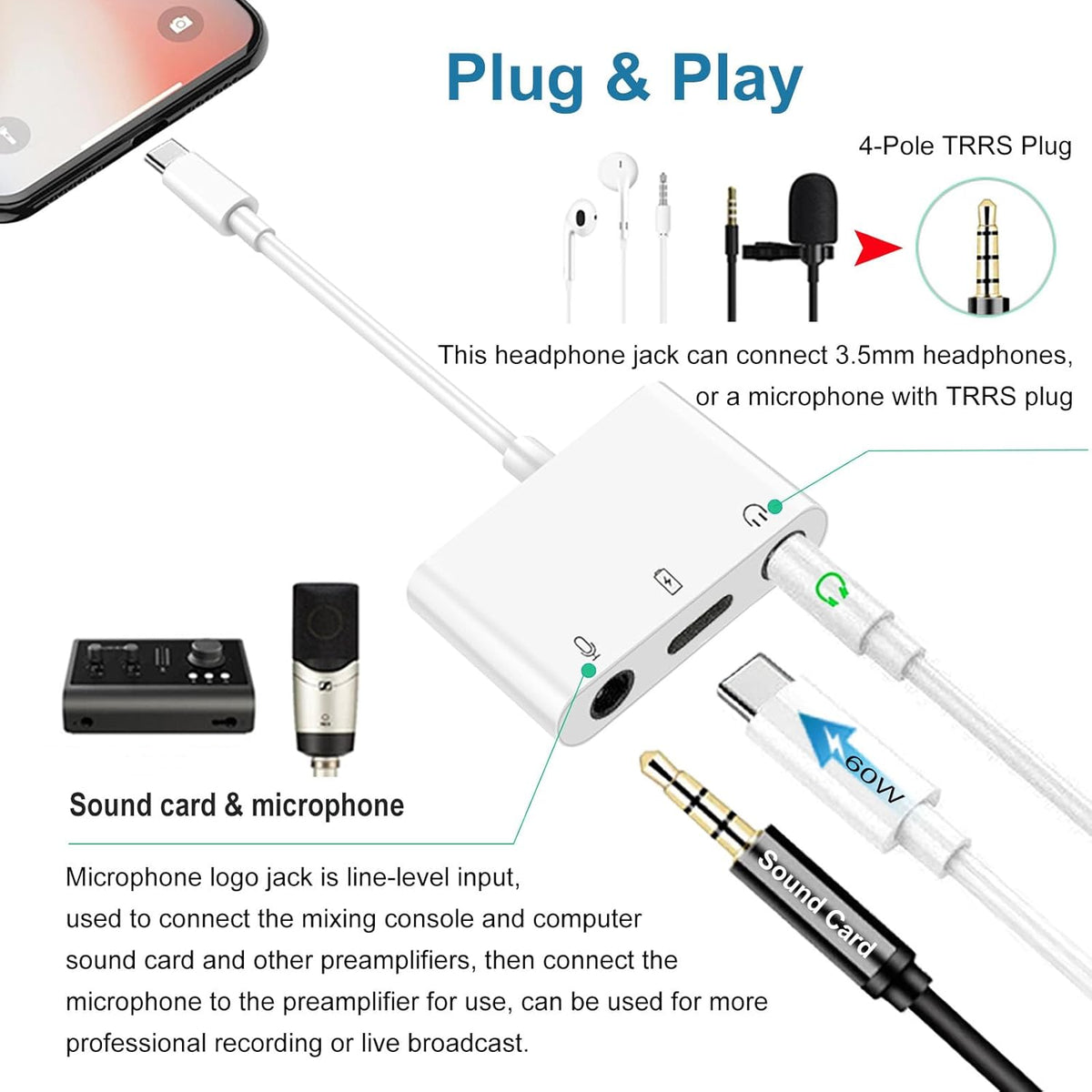 USB C to Microphone Adapter for Live-Streaming Type C to Microphone & 3.5mm Headphone Adapter with Charging Port USB C Audio & MIC Splitter Compatible for iPhone 15/16/iPad Pro/Galaxy 24 23/Pixel 9 8