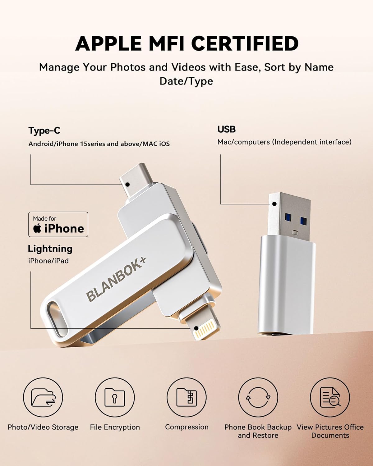 MFi Certified 256GB Flash Drive for iPhone Photo Stick, USB Thumb Drive Memory Stick High Speed USB Drive Photo Storage for iPhone Compatible for iPhone/iPad/Android/PC