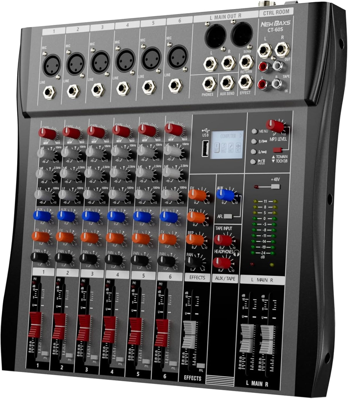 Professional DJ Audio Mixer - NEW BAXS 6 Channel DJ Bluetooth Controller Sound Mixer,USB Interface,6 XLR Mic/Line Input,AUX,FX Processor MP3 Player,+48V Phantom For Karaoke Studio Streaming Recording